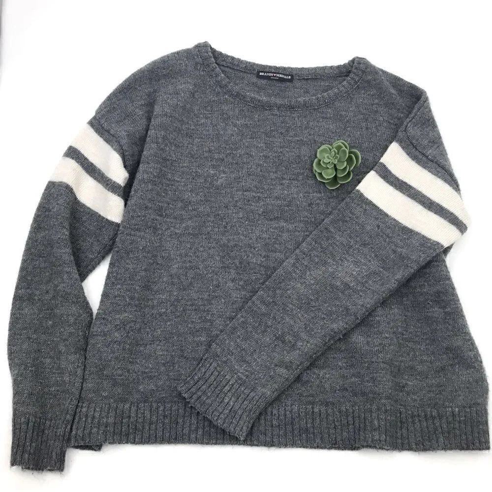 Brandy Melville Gray Collegiate Stripe Crew Sweater